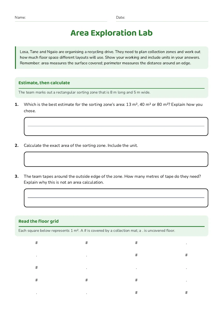 Area Exploration Lab, page 1 of 3: Estimate, then calculate, Read the floor grid