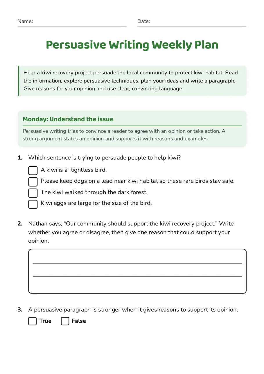 Persuasive Writing Weekly Plan, page 1 of 4: Monday: Understand the issue
