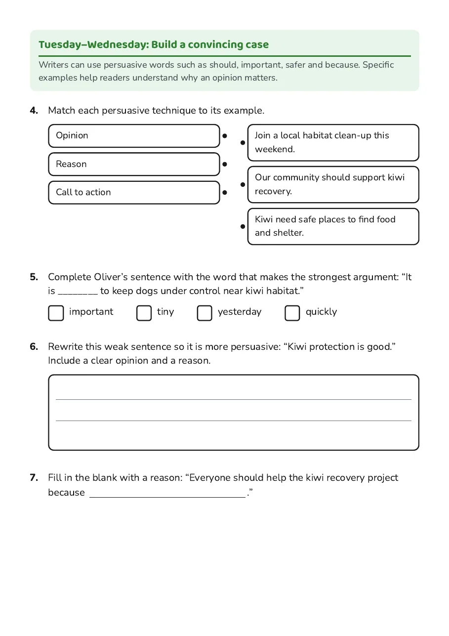 Persuasive Writing Weekly Plan, page 2 of 4: Tuesday–Wednesday: Build a convincing case