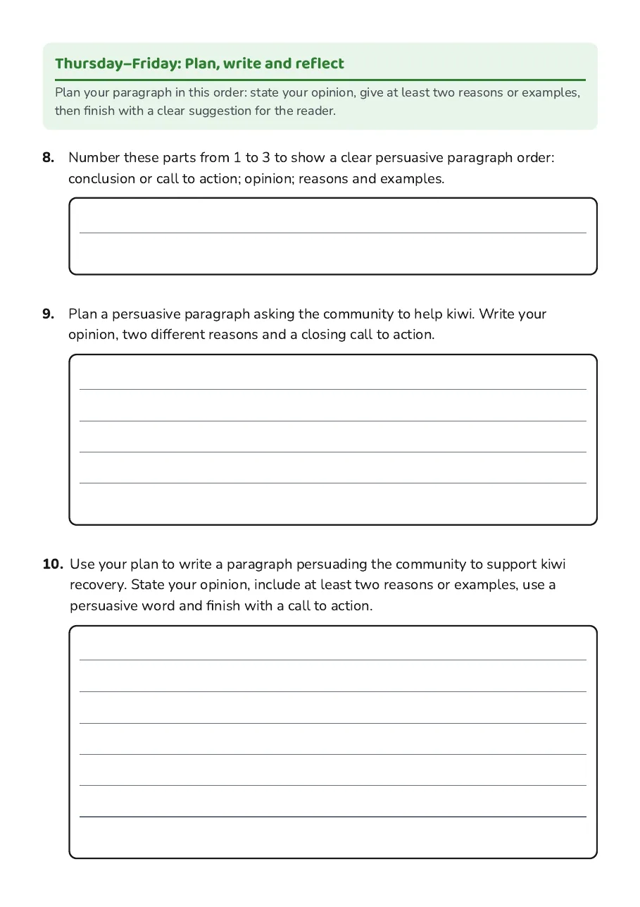 Persuasive Writing Weekly Plan, page 3 of 4: Thursday–Friday: Plan, write and reflect