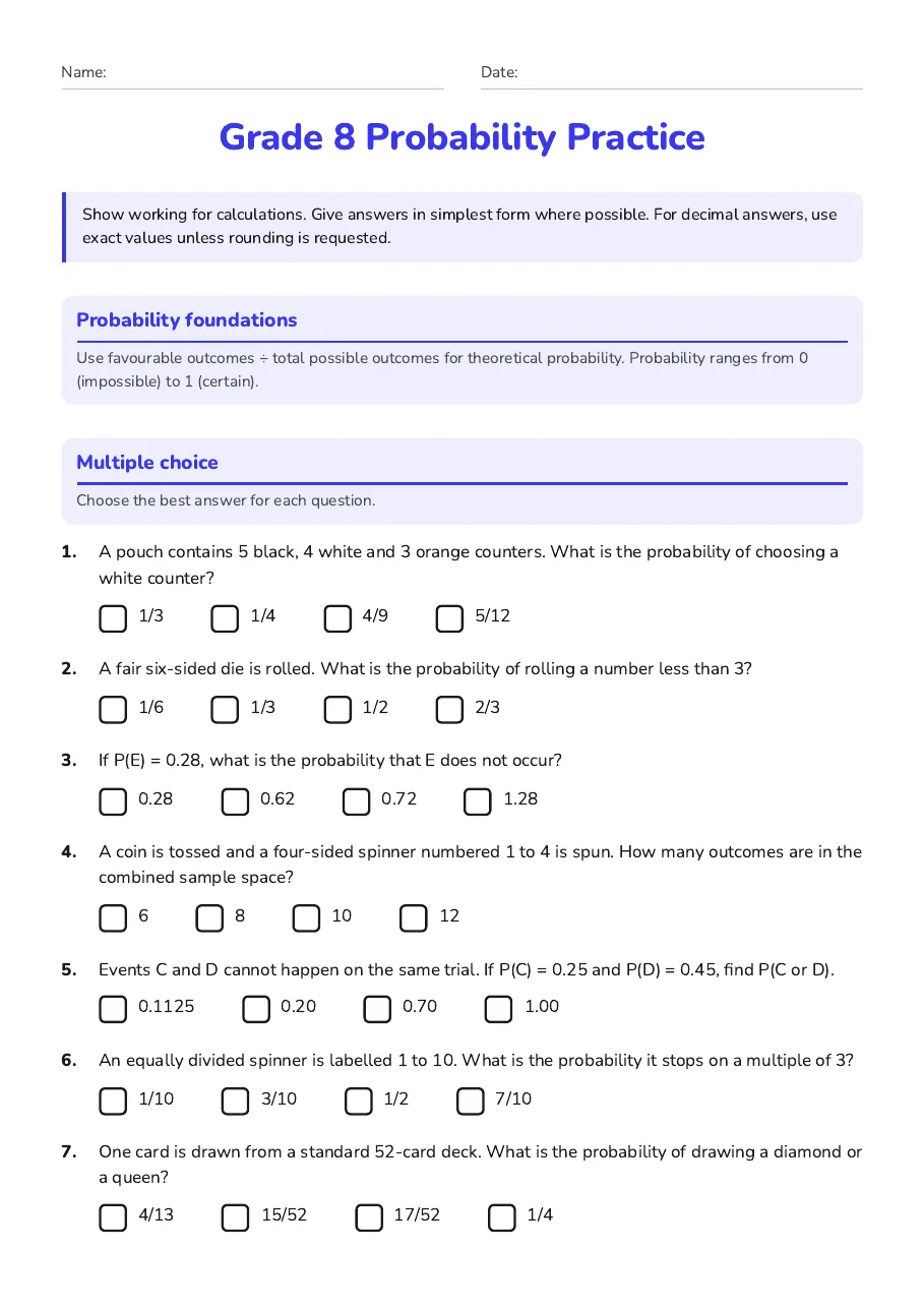 Grade 8 Probability Practice, page 1 of 9: Probability foundations, Multiple choice