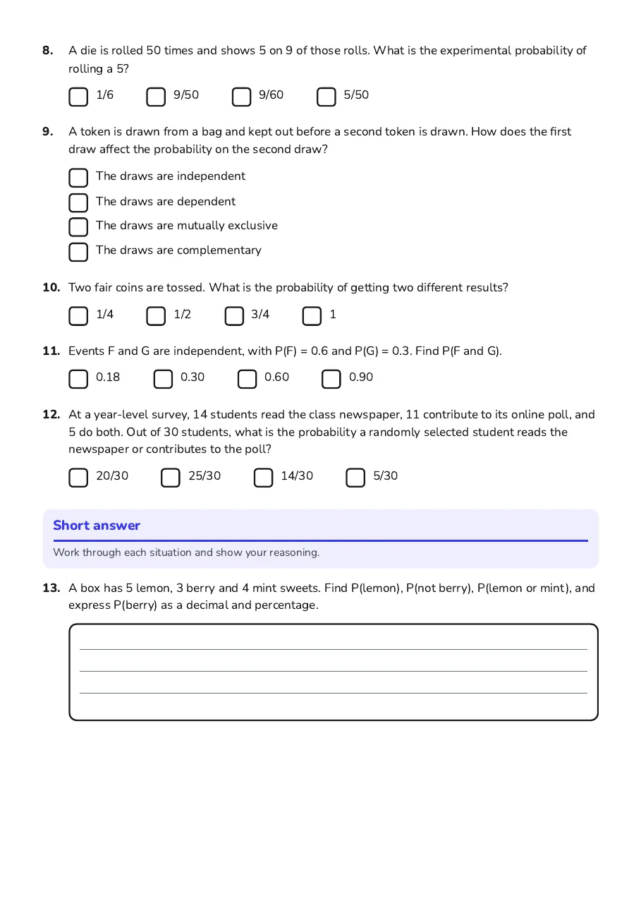 Grade 8 Probability Practice, page 2 of 9: Short answer
