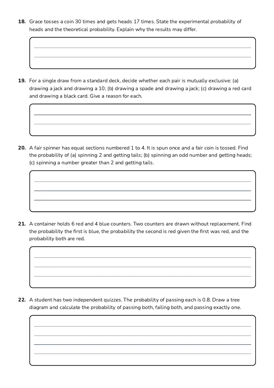 Grade 8 Probability Practice, page 4 of 9: 18. Grace tosses a coin 30 times and gets heads 17 times. State the experimental…