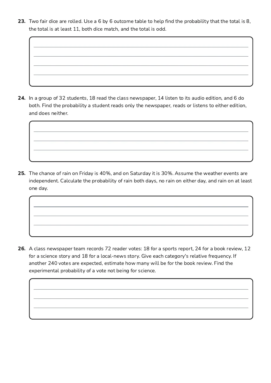 Grade 8 Probability Practice, page 5 of 9: 23. Two fair dice are rolled. Use a 6 by 6 outcome table to help find the probability…