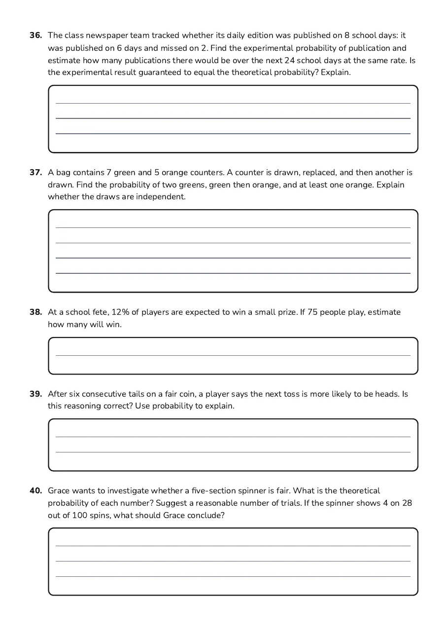 Grade 8 Probability Practice, page 8 of 9: 36. The class newspaper team tracked whether its daily edition was published on 8 school…