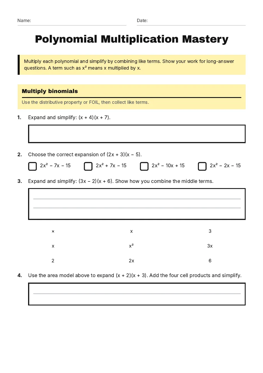 Polynomial Multiplication Mastery, page 1 of 3: Multiply binomials