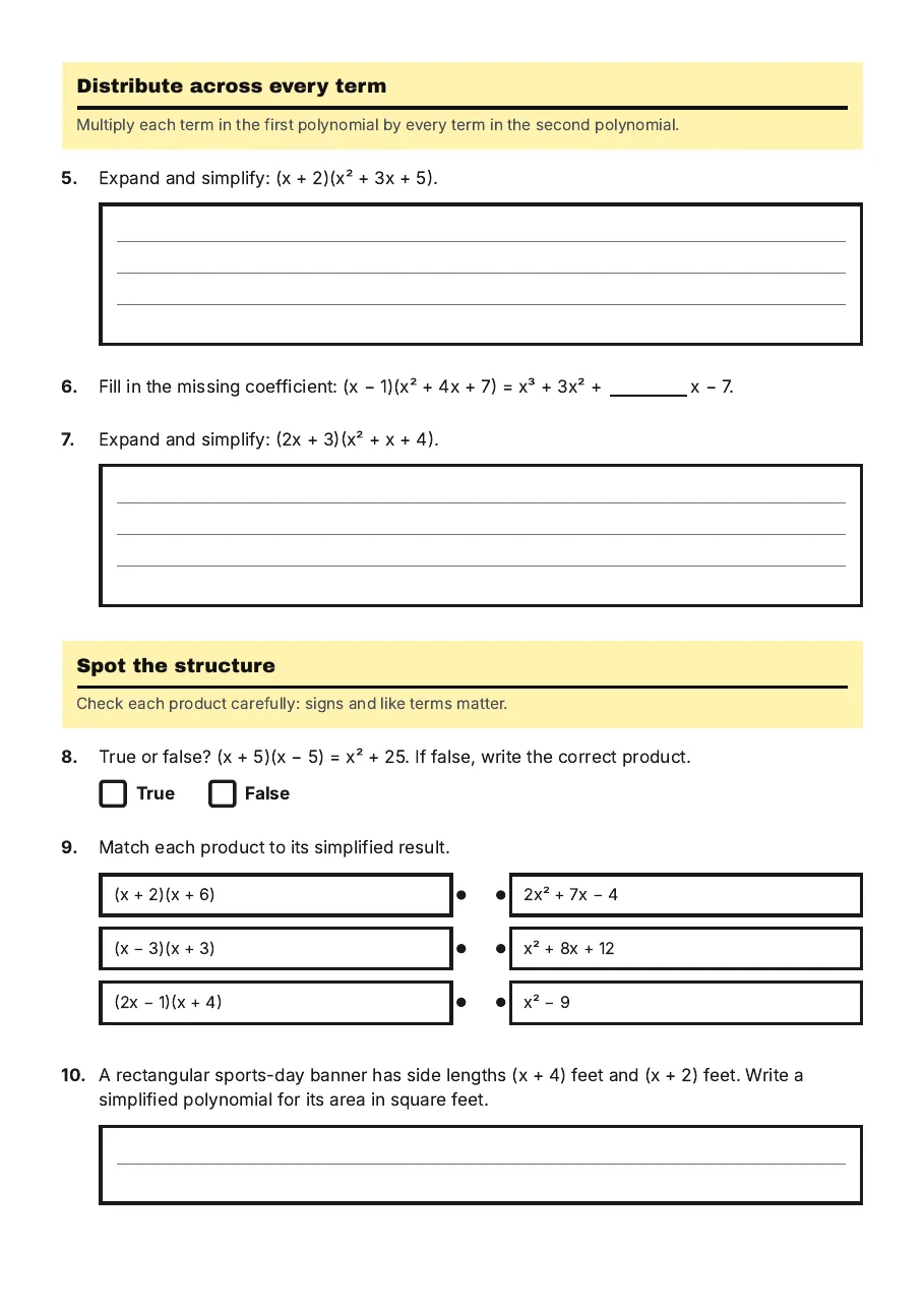 Polynomial Multiplication Mastery, page 2 of 3: Distribute across every term, Spot the structure