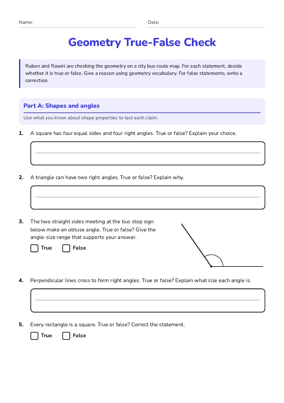 Geometry True-False Check, page 1 of 3: Part A: Shapes and angles