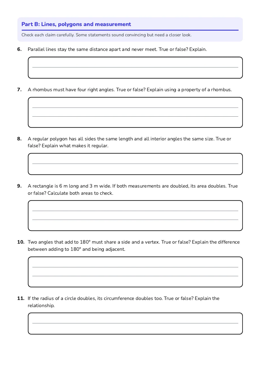 Geometry True-False Check, page 2 of 3: Part B: Lines, polygons and measurement