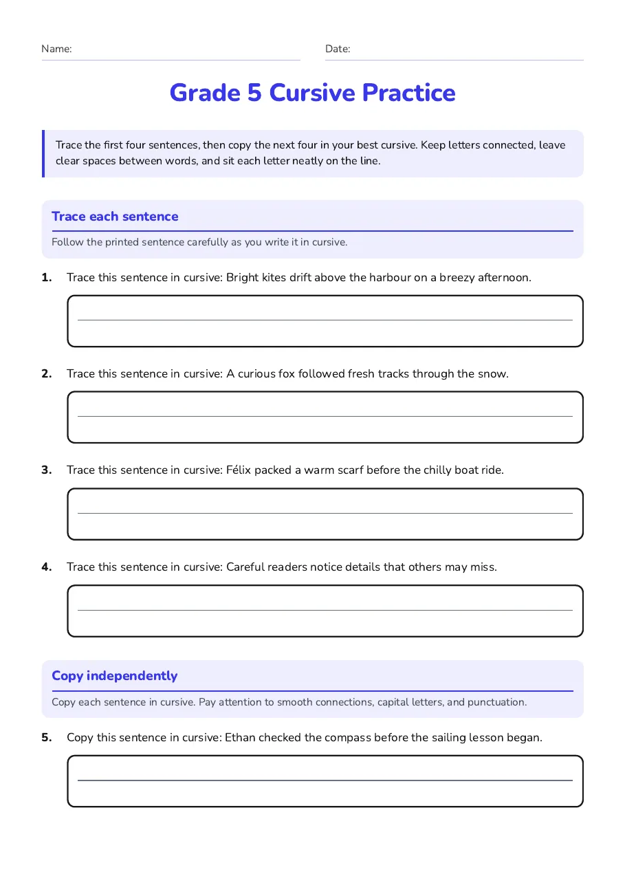 Grade 5 Cursive Practice, page 1 of 2: Trace each sentence, Copy independently