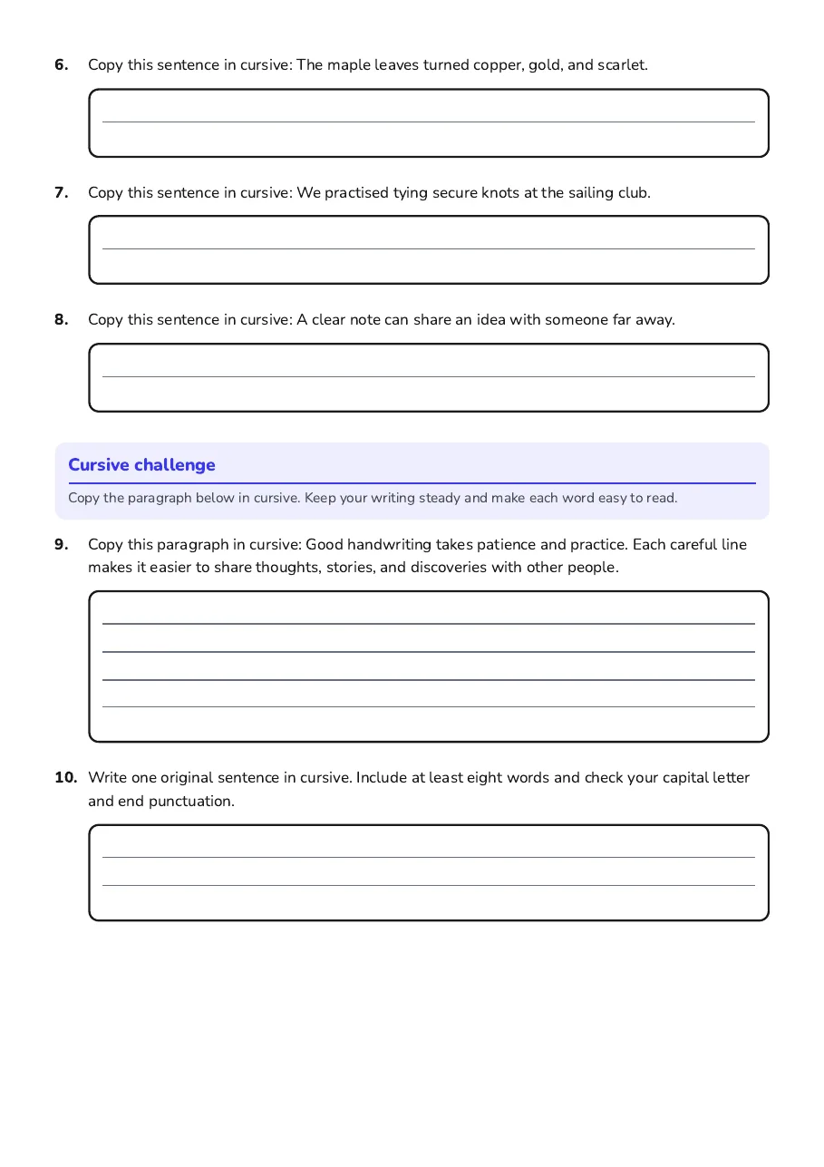 Grade 5 Cursive Practice, page 2 of 2: Cursive challenge