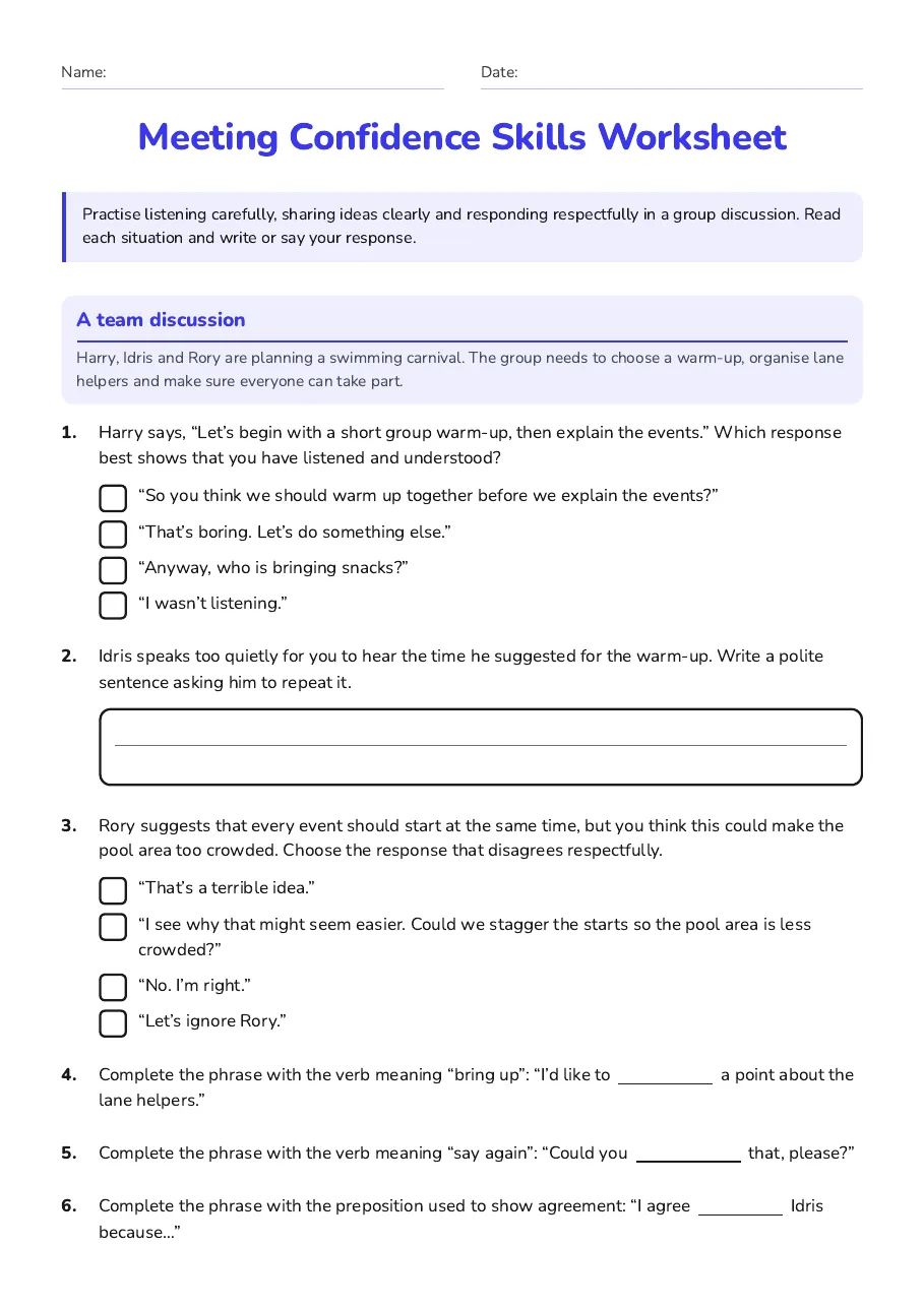Meeting Confidence Skills Worksheet, page 1 of 2: A team discussion