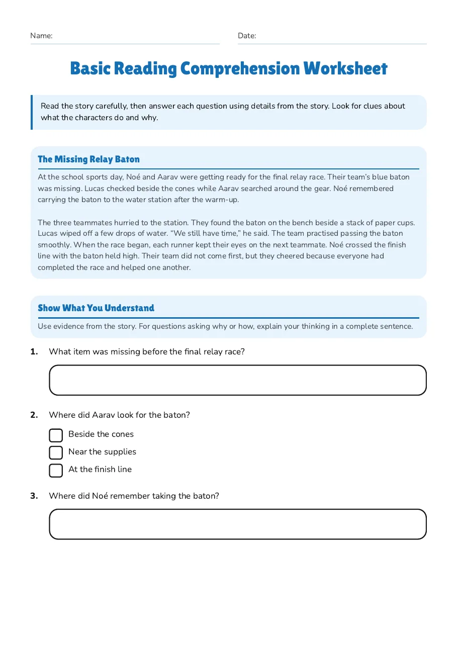 Basic Reading Comprehension Worksheet, page 1 of 3: The Missing Relay Baton, Show What You Understand