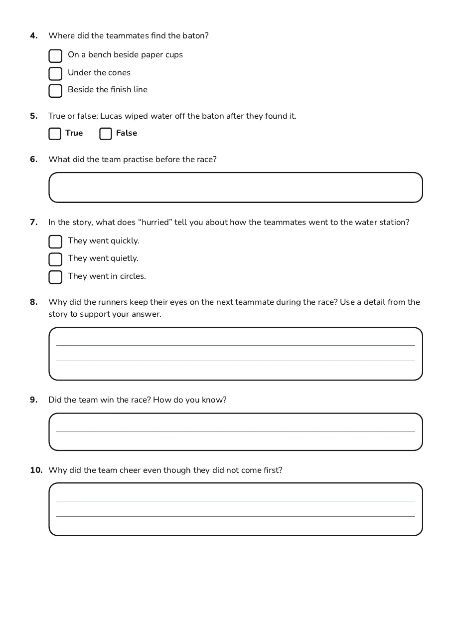 Basic Reading Comprehension Worksheet, page 2 of 3: 4. Where did the teammates find the baton?