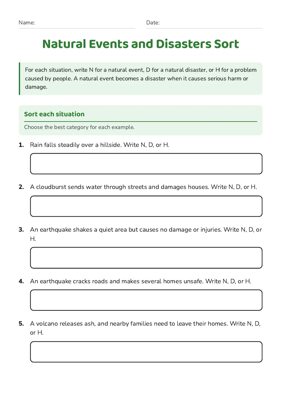 Natural Events and Disasters Sort, page 1 of 4: Sort each situation