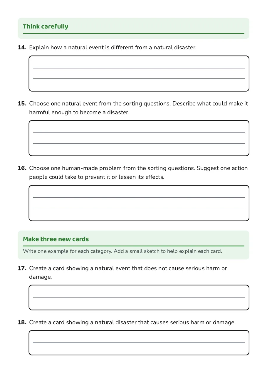 Natural Events and Disasters Sort, page 3 of 4: Think carefully, Make three new cards