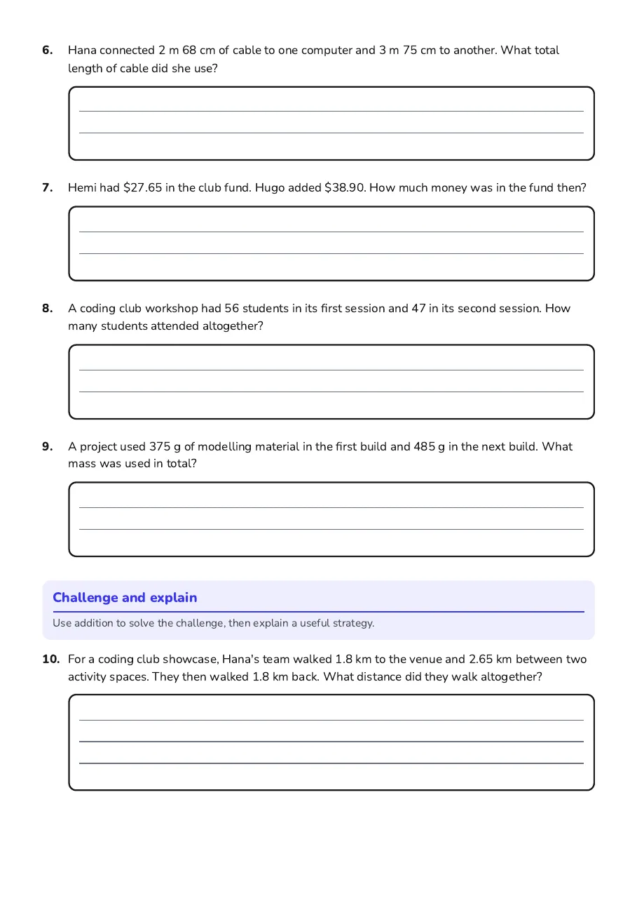 Addition Word Problems Worksheet, page 2 of 3: Challenge and explain