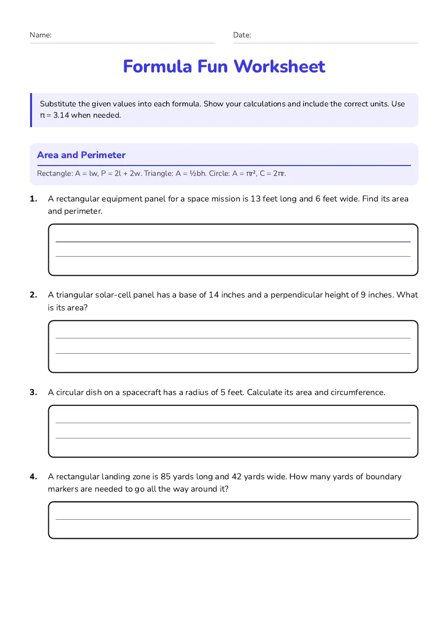 Formula Fun Worksheet, page 1 of 3: Area and Perimeter
