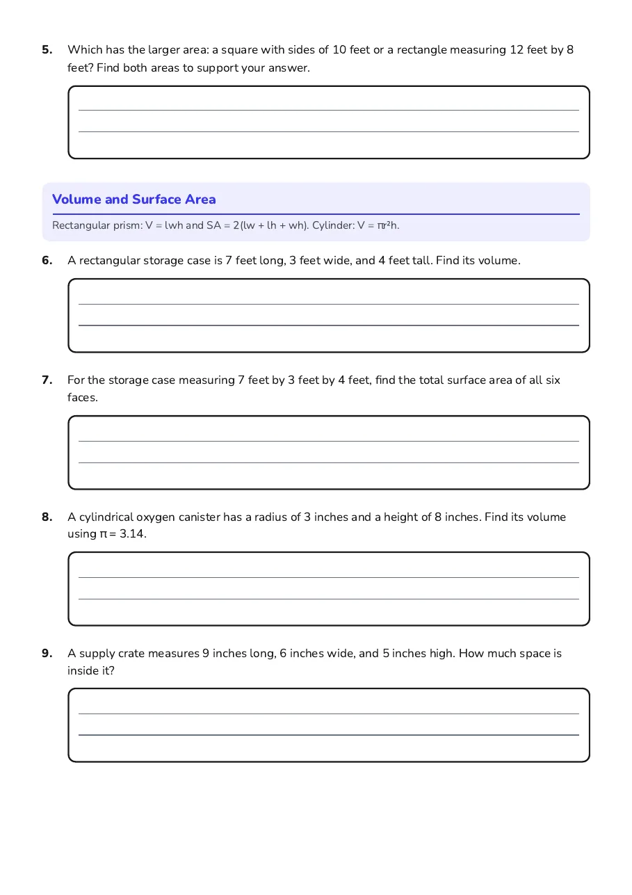 Formula Fun Worksheet, page 2 of 3: Volume and Surface Area