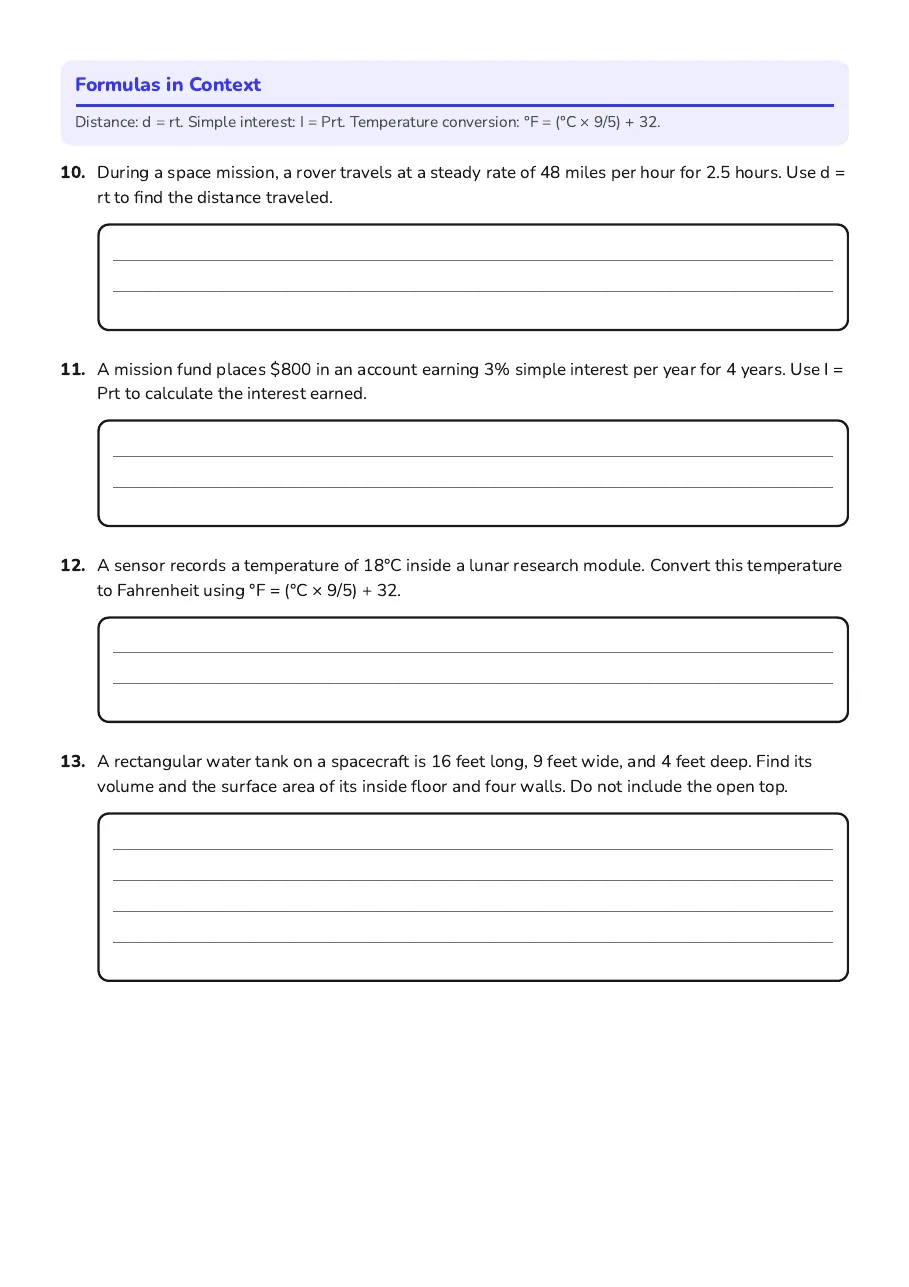 Formula Fun Worksheet, page 3 of 3: Formulas in Context