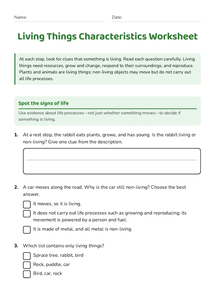 Living Things Characteristics Worksheet, page 1 of 3: Spot the signs of life