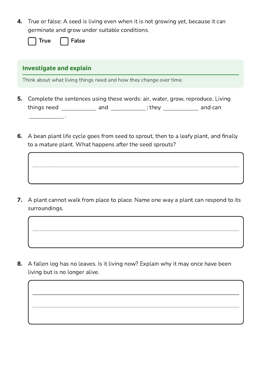 Living Things Characteristics Worksheet, page 2 of 3: Investigate and explain