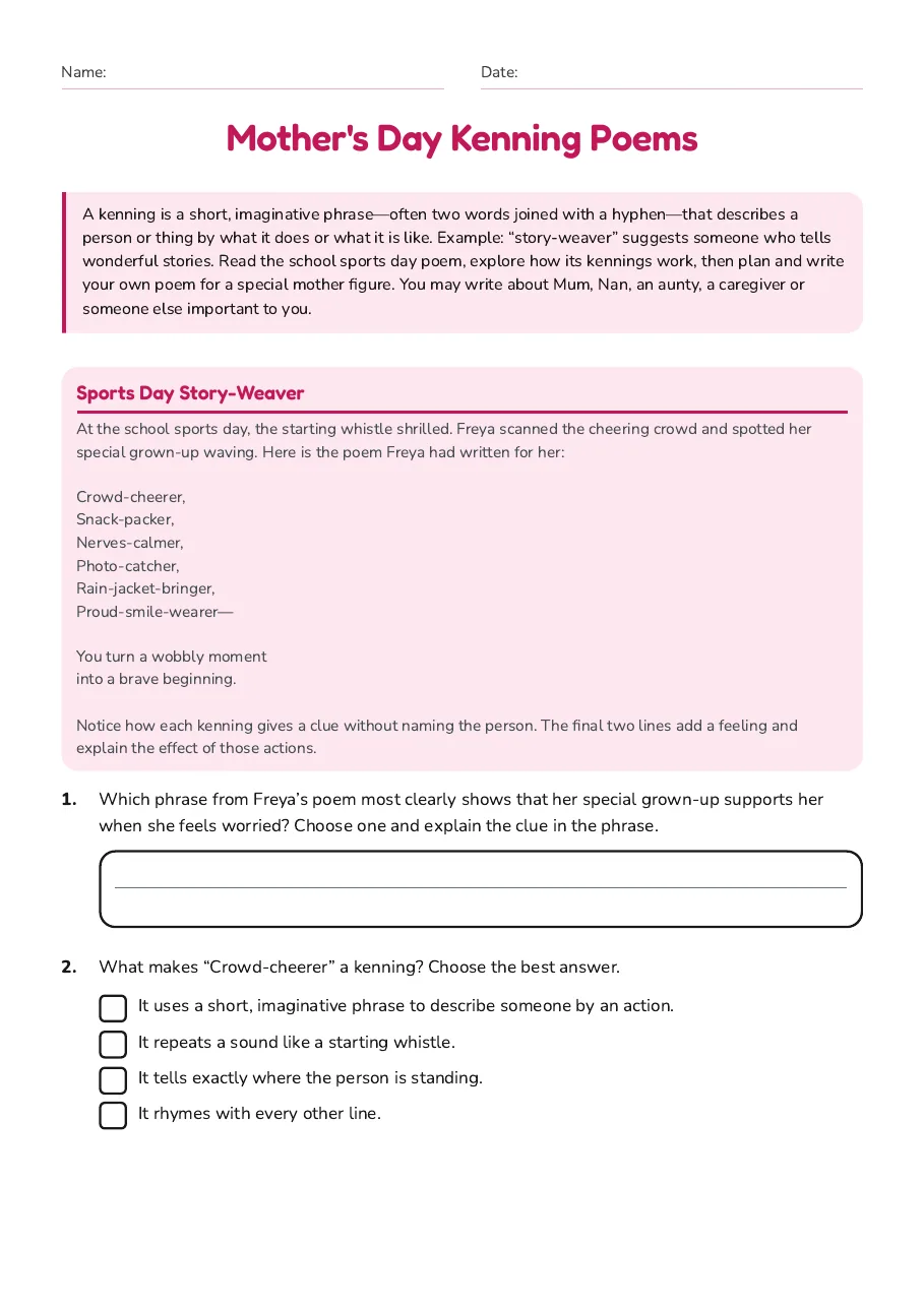 Mother's Day Kenning Poems, page 1 of 4: Sports Day Story-Weaver
