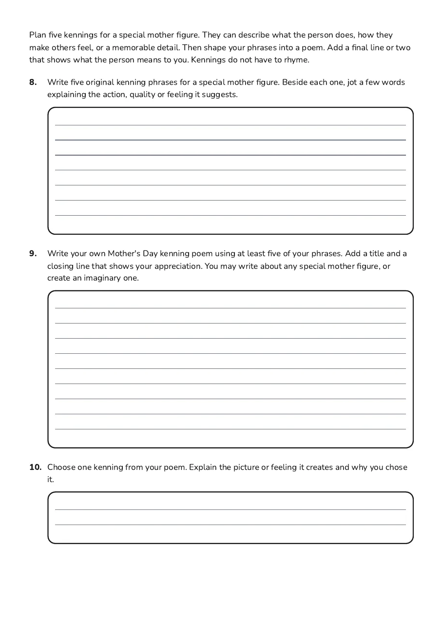 Mother's Day Kenning Poems, page 3 of 4: Plan five kennings for a special mother figure. They can describe what the person does,…