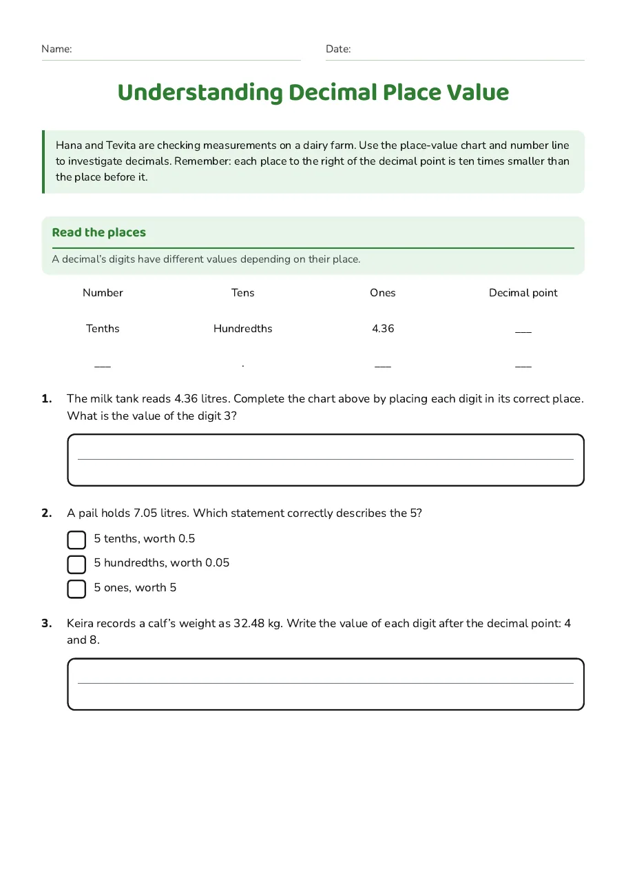 Understanding Decimal Place Value, page 1 of 3: Read the places