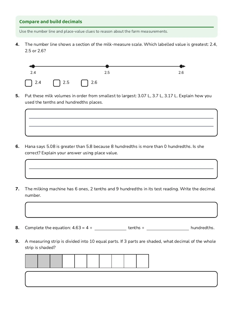 Understanding Decimal Place Value, page 2 of 3: Compare and build decimals