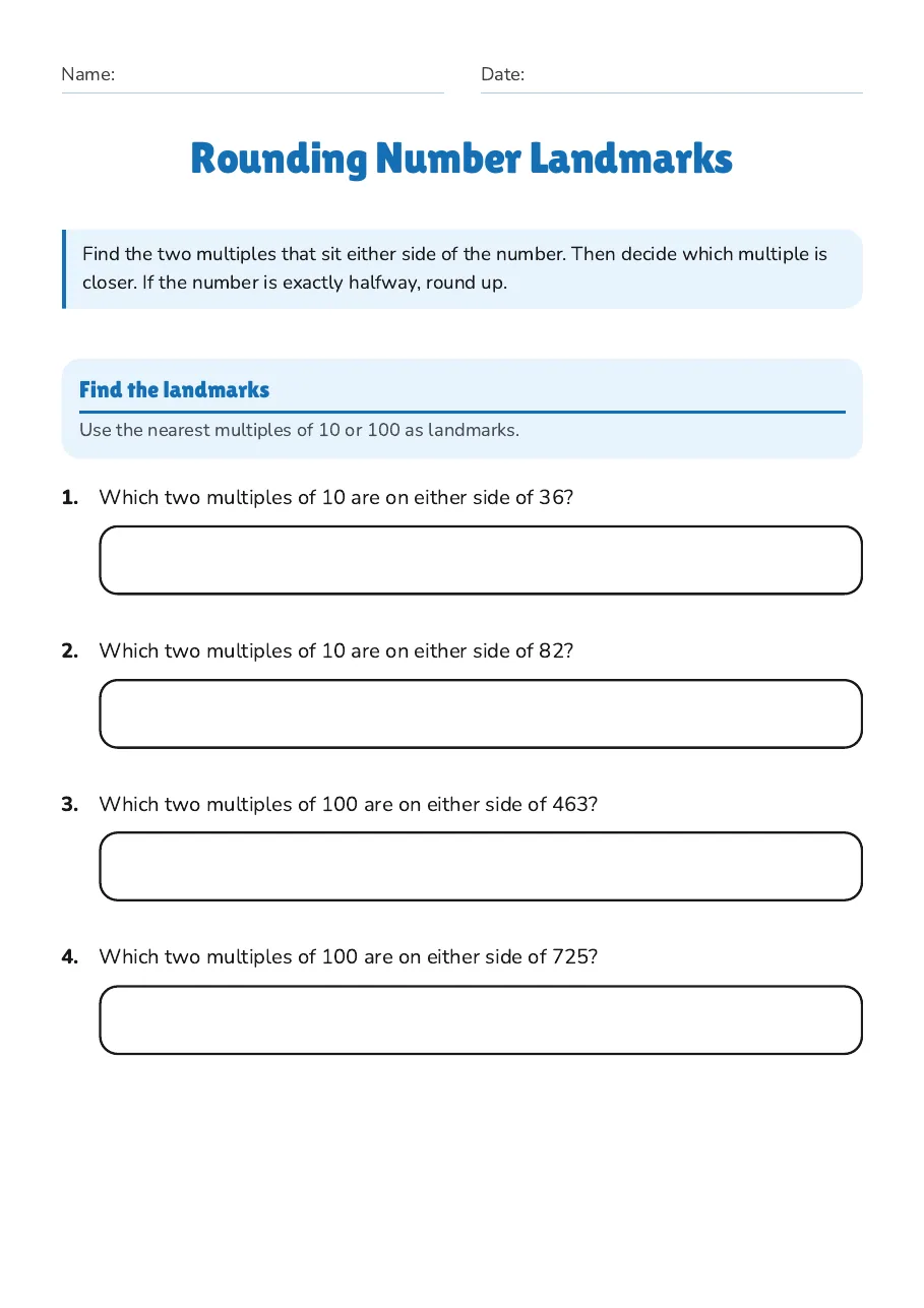 Rounding Number Landmarks, page 1 of 4: Find the landmarks