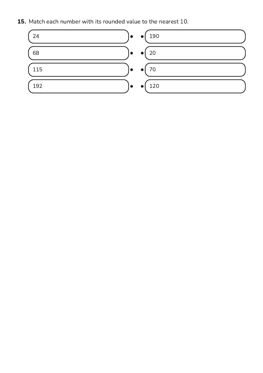 Rounding Number Landmarks, page 4 of 4: 15. Match each number with its rounded value to the nearest 10.