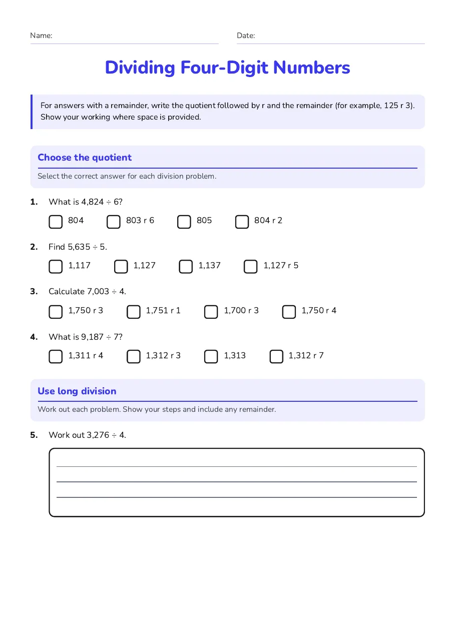 Dividing Four-Digit Numbers, page 1 of 3: Choose the quotient, Use long division