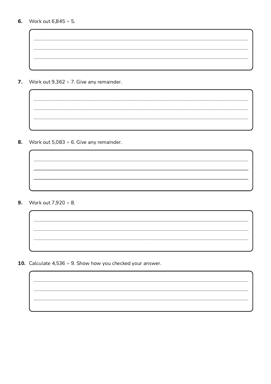 Dividing Four-Digit Numbers, page 2 of 3: 6. Work out 6,845 ÷ 5.