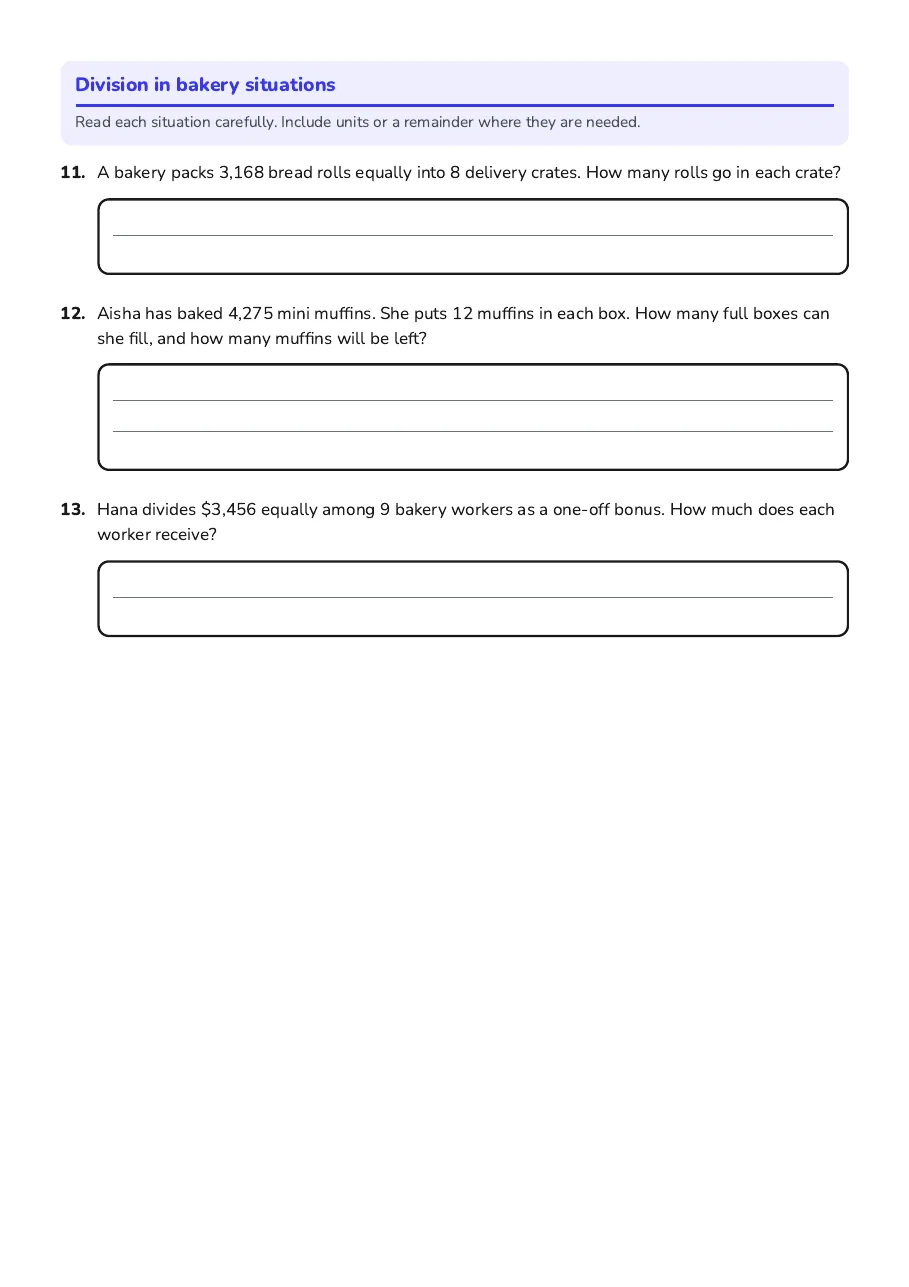 Dividing Four-Digit Numbers, page 3 of 3: Division in bakery situations