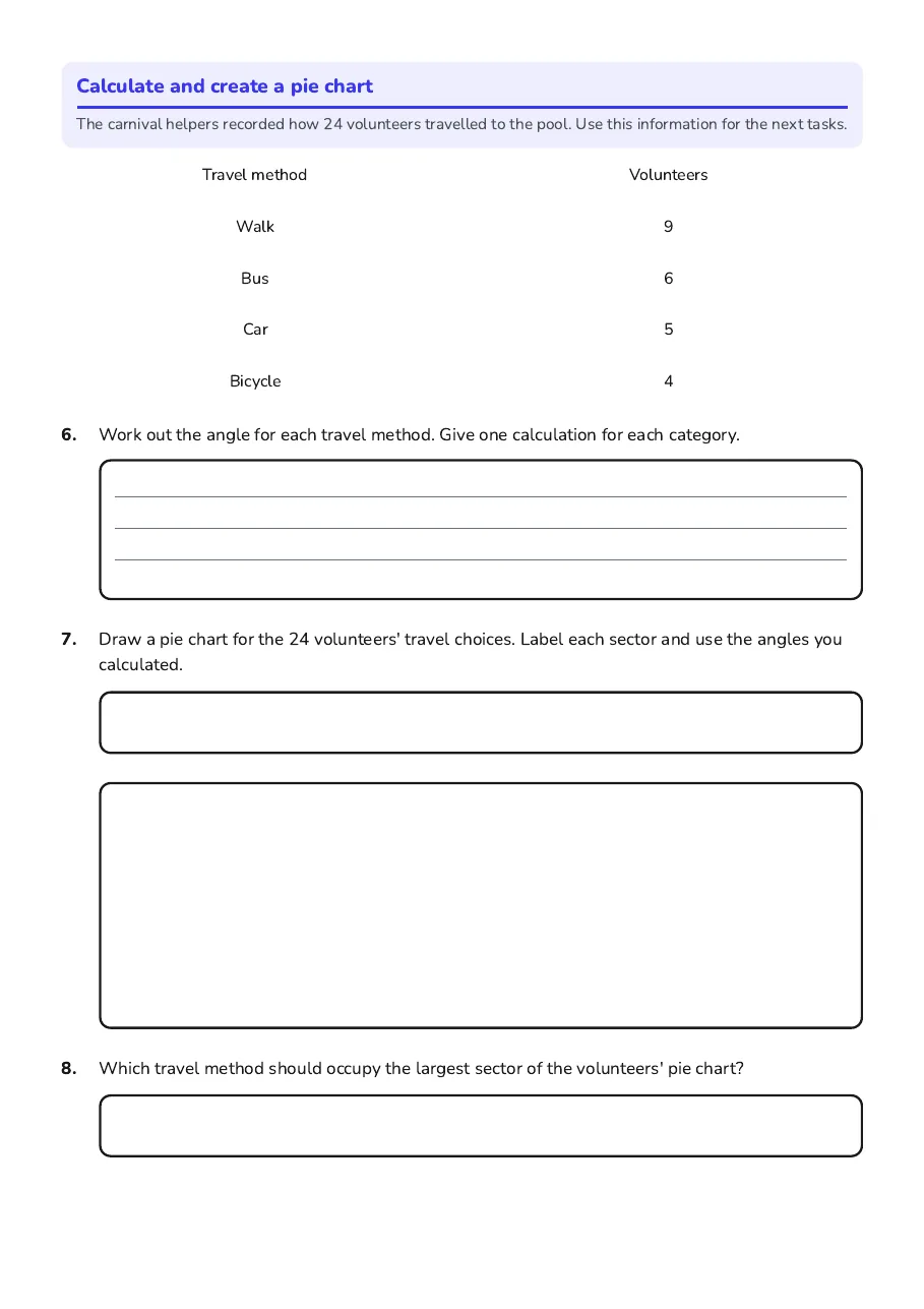 Pie Chart Practice, page 2 of 3: Calculate and create a pie chart
