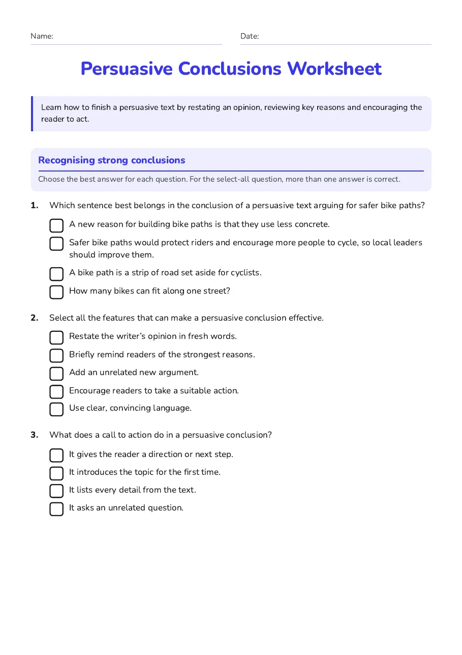 Persuasive Conclusions Worksheet, page 1 of 3: Recognising strong conclusions