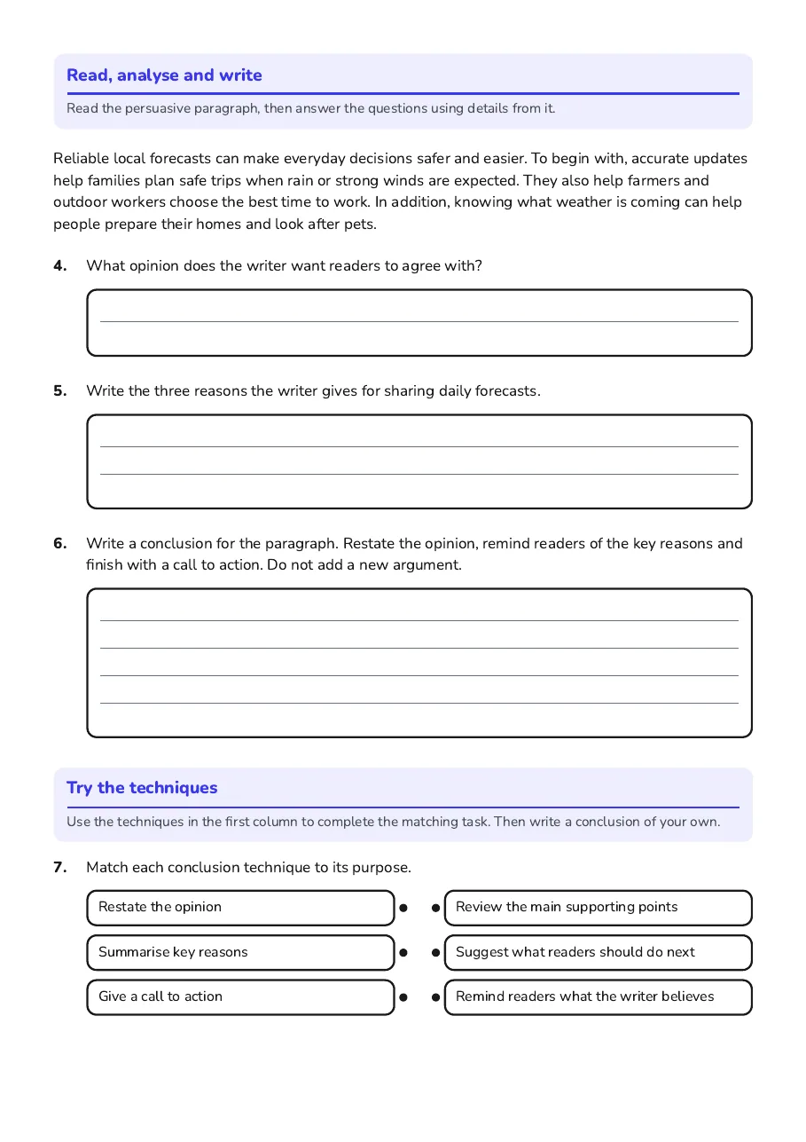 Persuasive Conclusions Worksheet, page 2 of 3: Read, analyse and write, Try the techniques