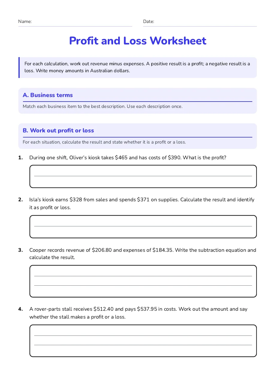 Profit and Loss Worksheet, page 1 of 2: A. Business terms, B. Work out profit or loss