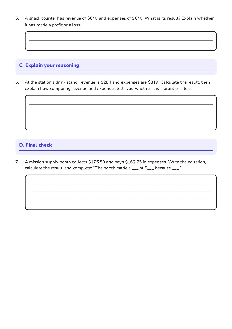 Profit and Loss Worksheet, page 2 of 2: C. Explain your reasoning, D. Final check