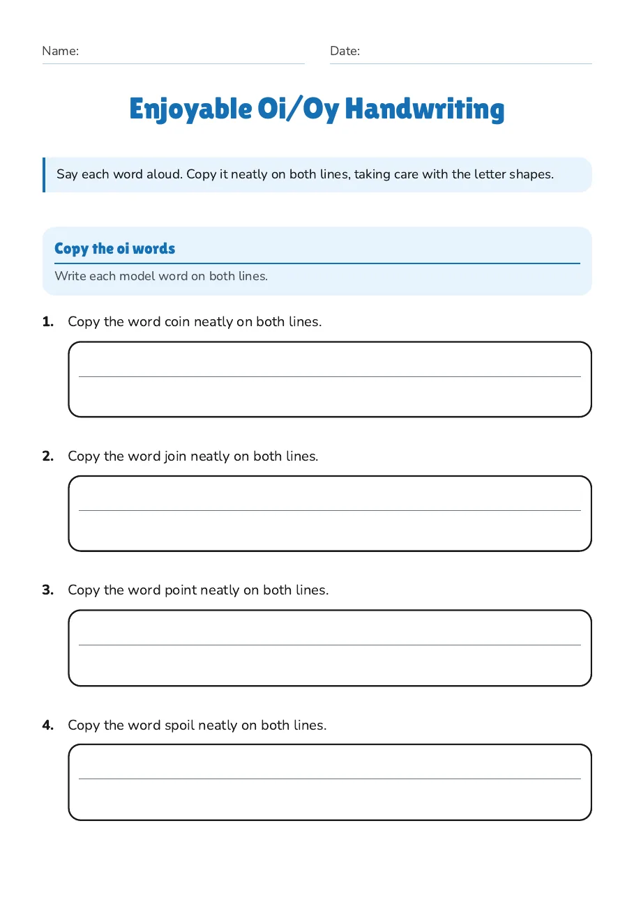 Enjoyable Oi/Oy Handwriting, page 1 of 3: Copy the oi words