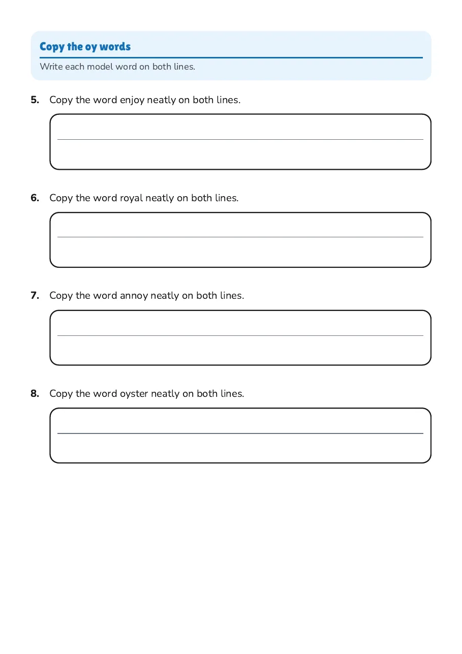 Enjoyable Oi/Oy Handwriting, page 2 of 3: Copy the oy words
