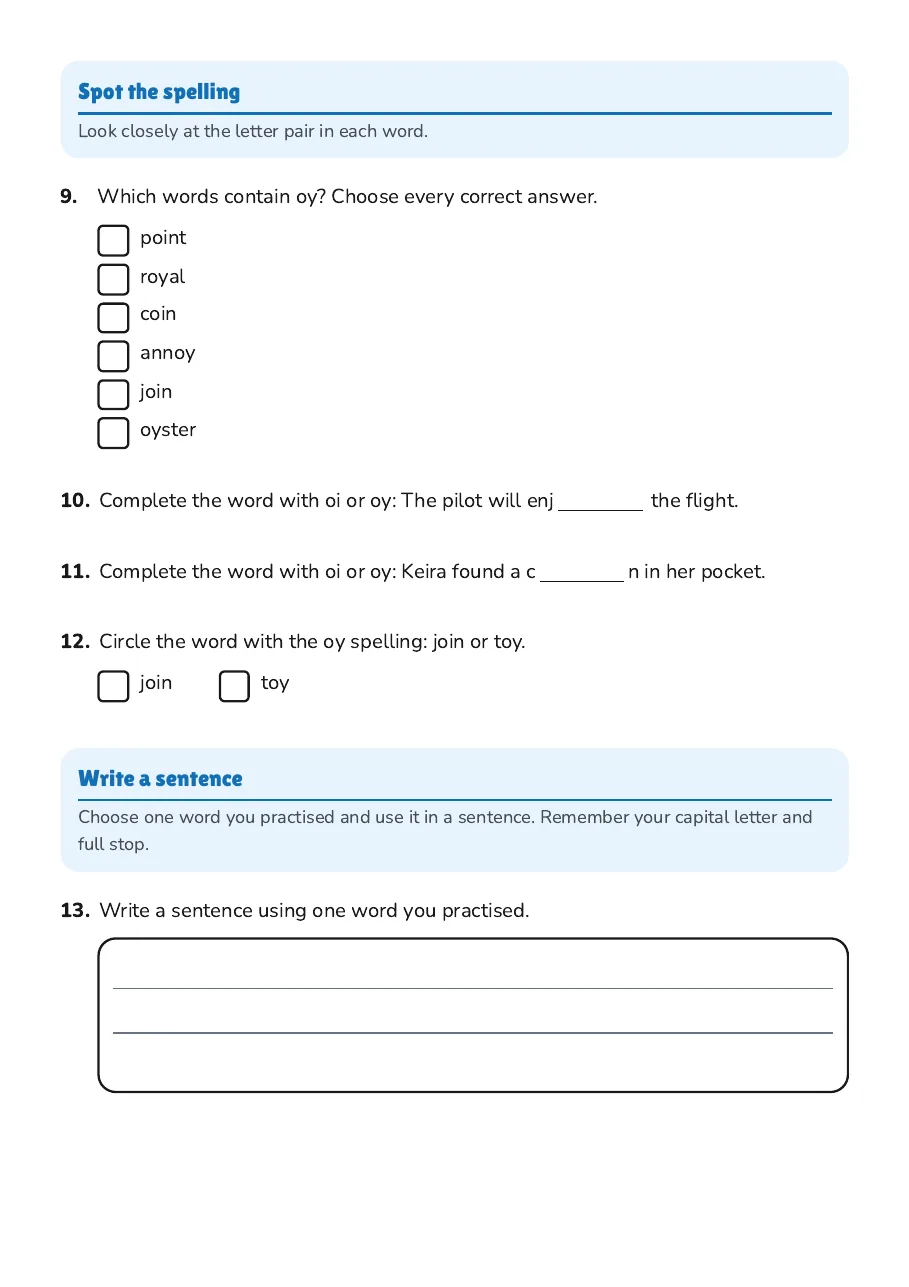 Enjoyable Oi/Oy Handwriting, page 3 of 3: Spot the spelling, Write a sentence