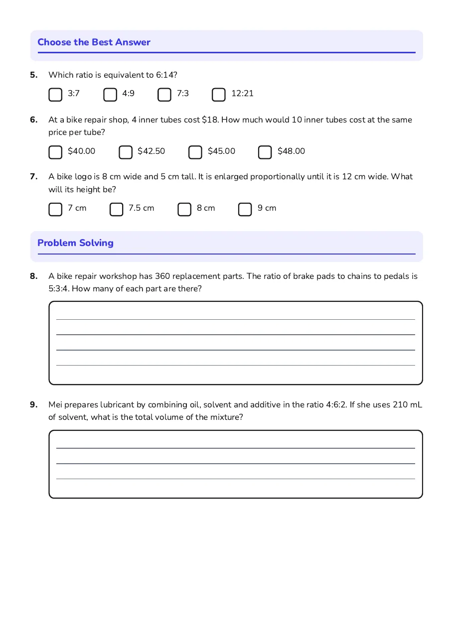 Multiple-choice, matching and visual ratio questions.