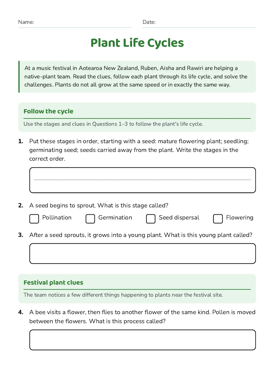 Plant Life Cycles, page 1 of 3: Follow the cycle, Festival plant clues