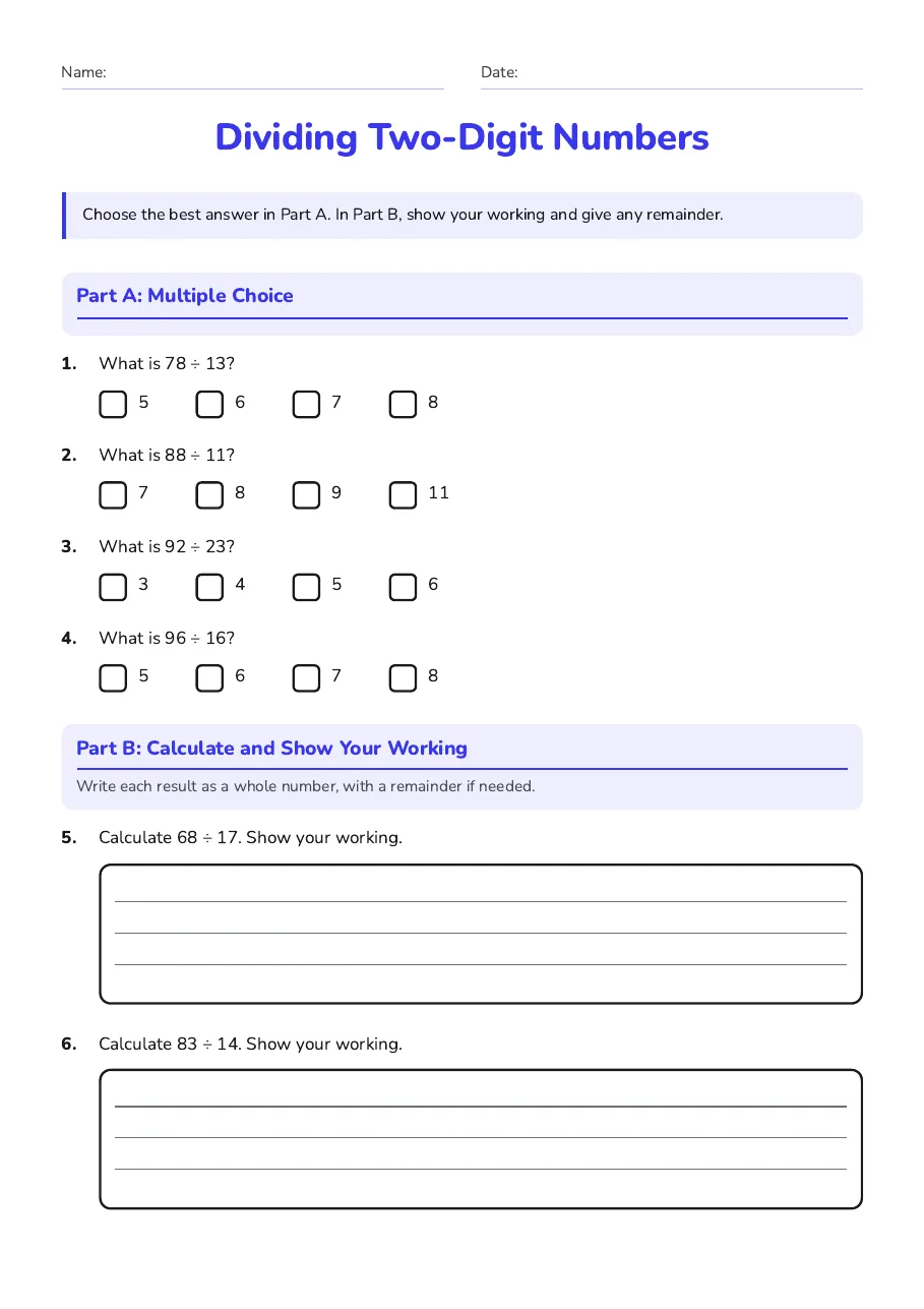 Dividing Two-Digit Numbers, page 1 of 2: Part A: Multiple Choice, Part B: Calculate and Show Your Working