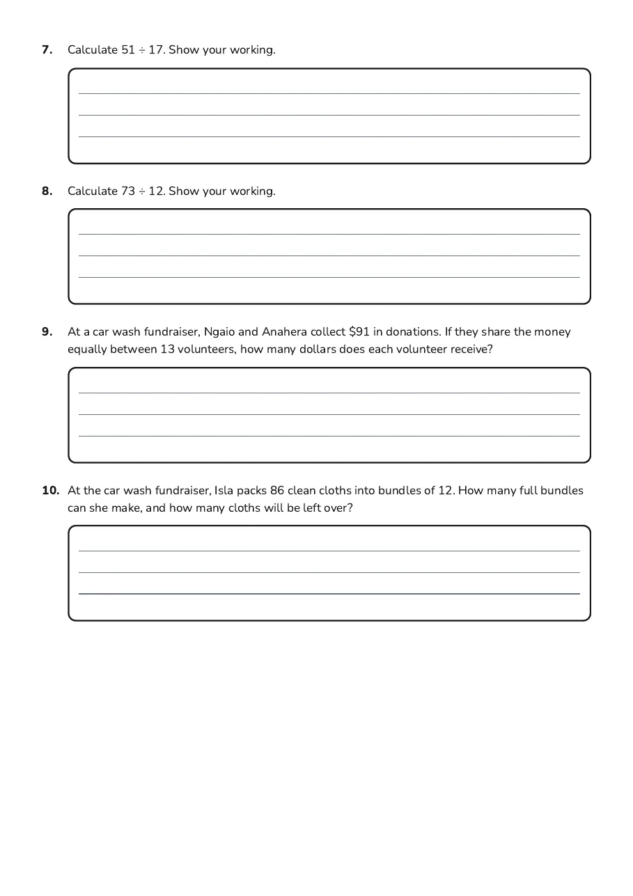 Dividing Two-Digit Numbers, page 2 of 2: 7. Calculate 51 ÷ 17. Show your working.