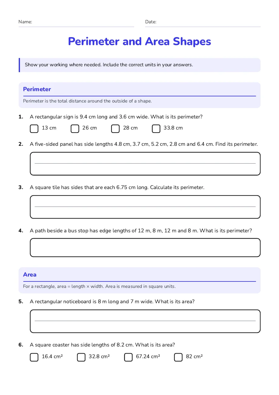 Perimeter and Area Shapes, page 1 of 3: Perimeter, Area