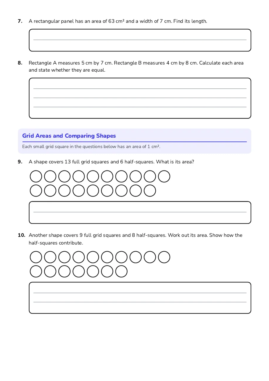 Perimeter and Area Shapes, page 2 of 3: Area, Grid Areas and Comparing Shapes