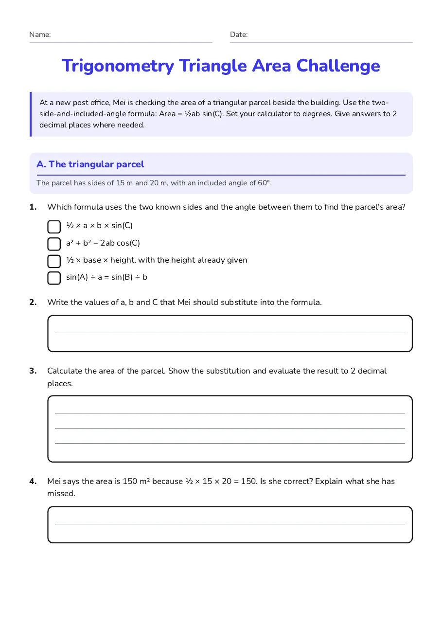 Trigonometry Triangle Area Challenge, page 1 of 3: A. The triangular parcel